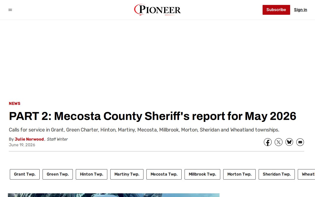 Continuation of a Mecosta County Sheriff report showing geographic service-call coverage