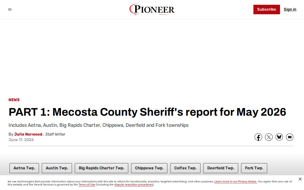 Mecosta County monthly Sheriff report used as a selective arrest-log source