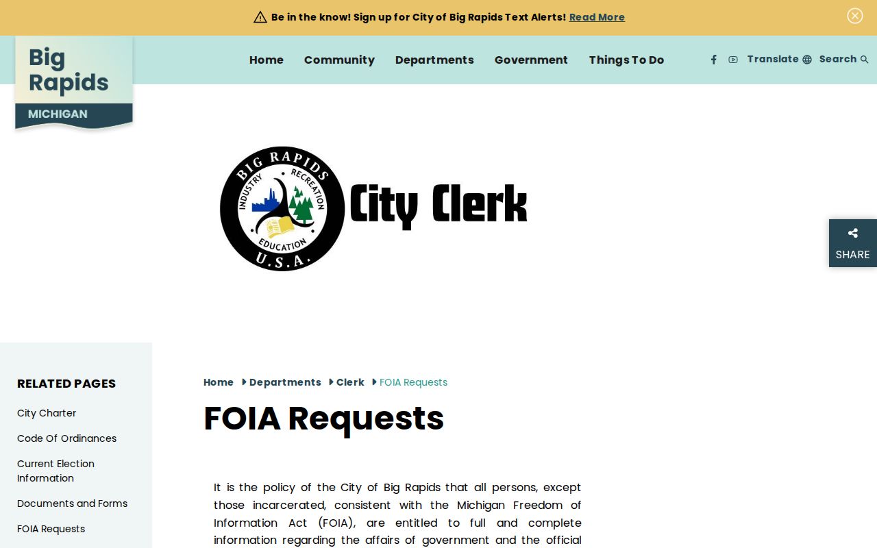 Big Rapids city FOIA response and redaction information for arrest reports