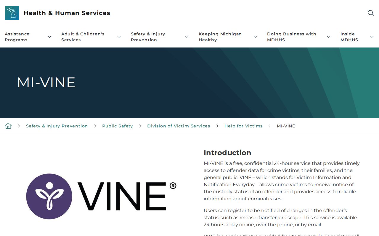 Michigan MI-VINE guidance for Mecosta County custody and court-event alerts
