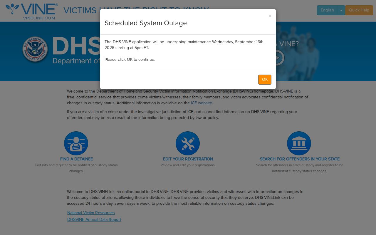 VINELink notification registration workflow for Mecosta County custody alerts