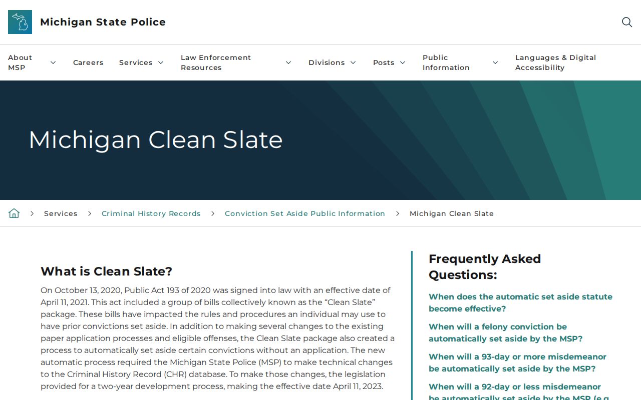 Michigan State Police Clean Slate information
